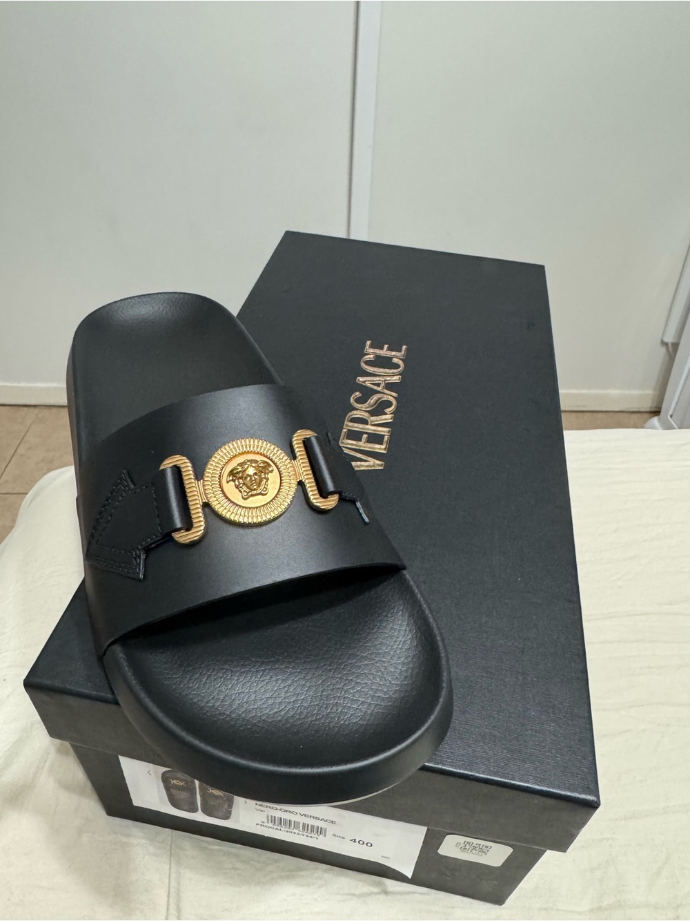 Versace Black Leather Medusa Buckle Slide Vitello Sandals
